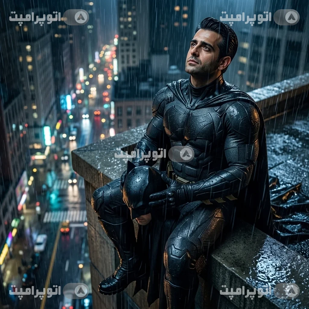 پرامپت: پرامپت سینمایی بتمن بر فراز آسمان‌خراش در باران شدید | کلاه‌خود در دست، بافت خیس لباس و نمای شبانه شهر گاتهام - روایت تنهایی و اقتدار شوالیه تاریکی؛ تجلی رئالیسم ...
