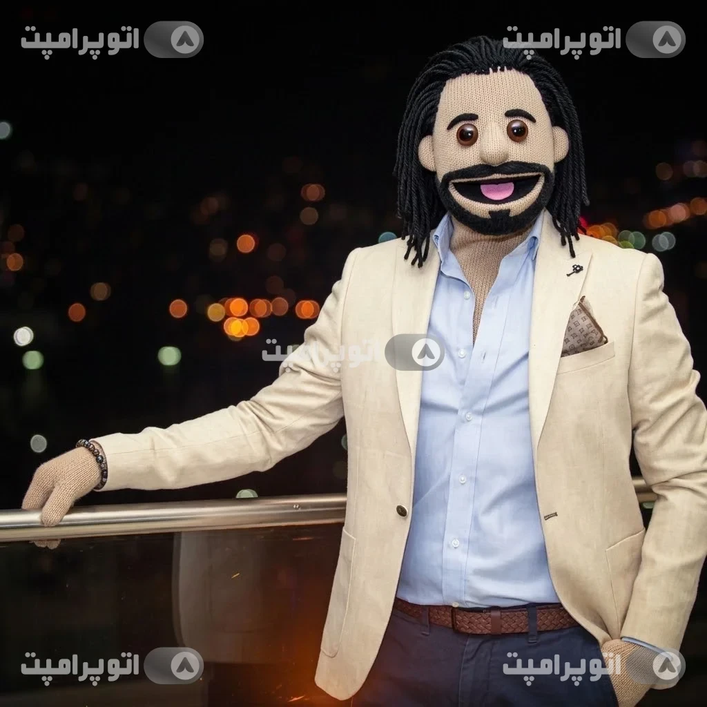 پرامپت: پرامپت تبدیل شخص به عروسک جورابی دست‌ساز (Sock Puppet) | پوست بافتنی، چشم‌های دکمه‌ای براق و حفظ کامل صحنه - دنیای نوستالژیک و فانتزی عروسک‌های دست‌ساز؛ تبدیل ...