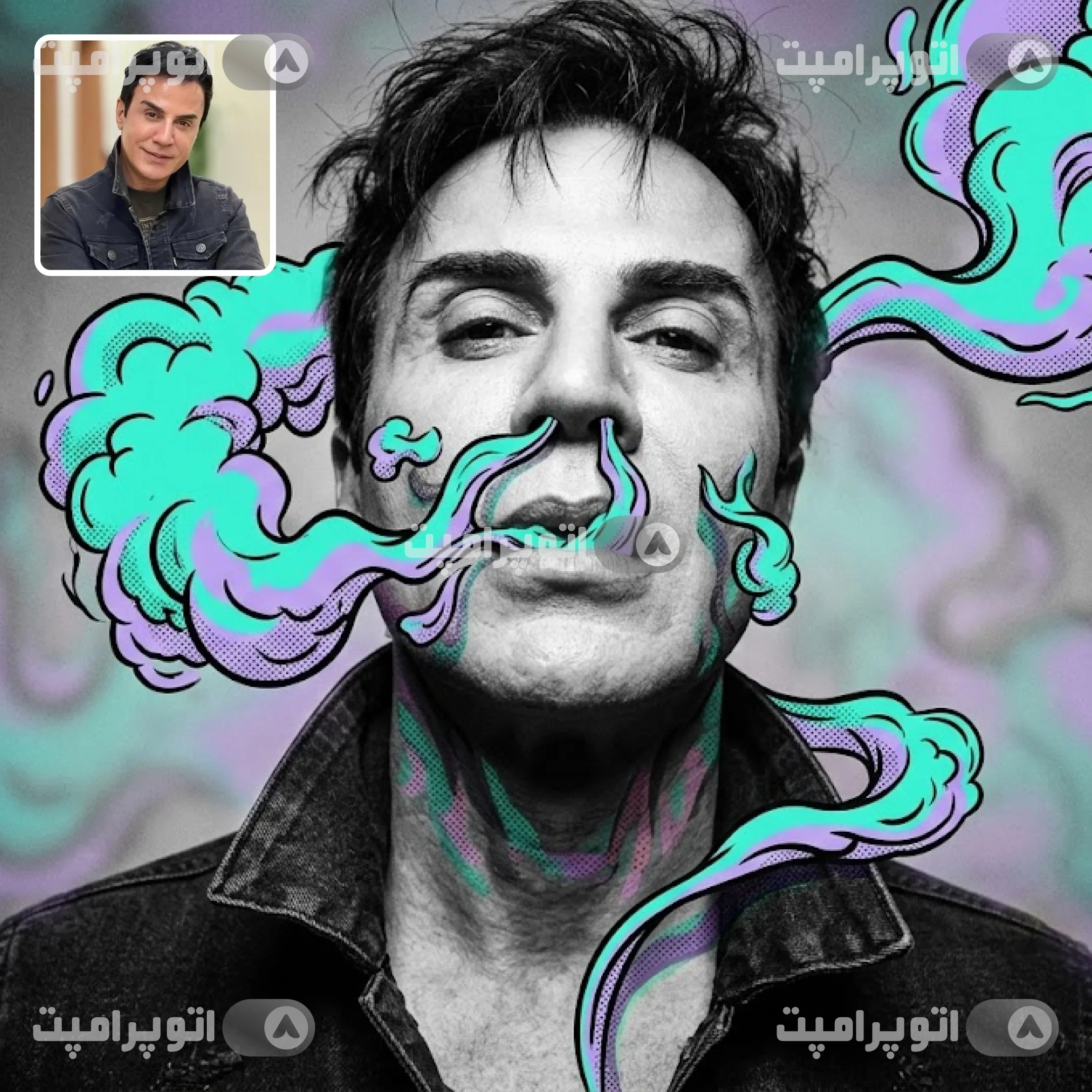 پرامپت: پرامپت پرتره سیاه‌وسفید با دود کتان هاف‌تون تل و لوندر | عکاسی زاویه‌پایین واید ۲۰mm با استایل سورئال گرافیکی - انفجار رنگ در سکوت تک‌رنگ؛ تلفیق پرتره سیاه و سفید...