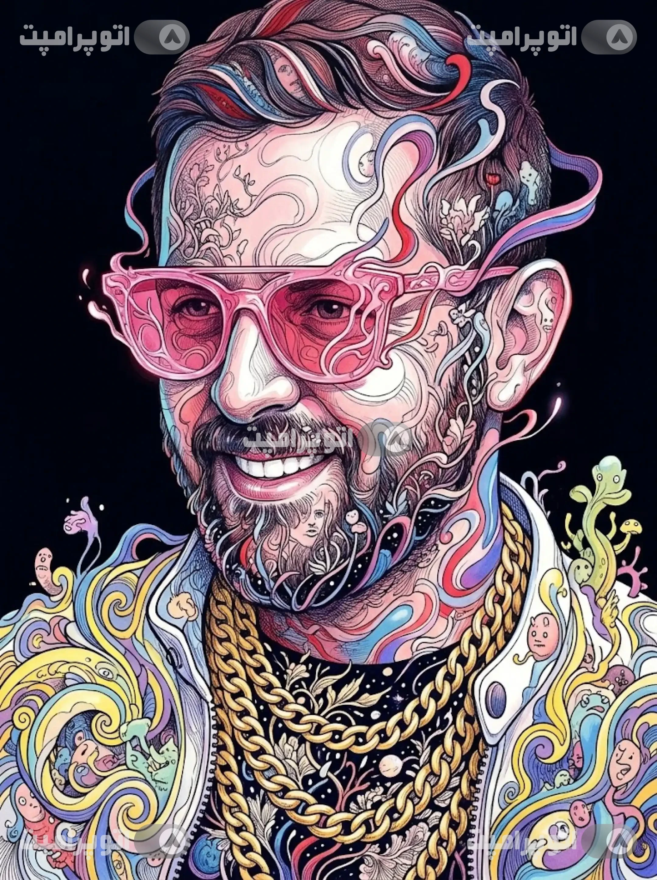 پرامپت: پرامپت پرتره هنری به سبک جیمز جین (James Jean) | تکنیک طراحی با خودکار، عینک صورتی و زنجیرهای طلا - ظرافت خطوط هاشور در قلمرو سورئالیسم مدرن؛ تلفیق ام...