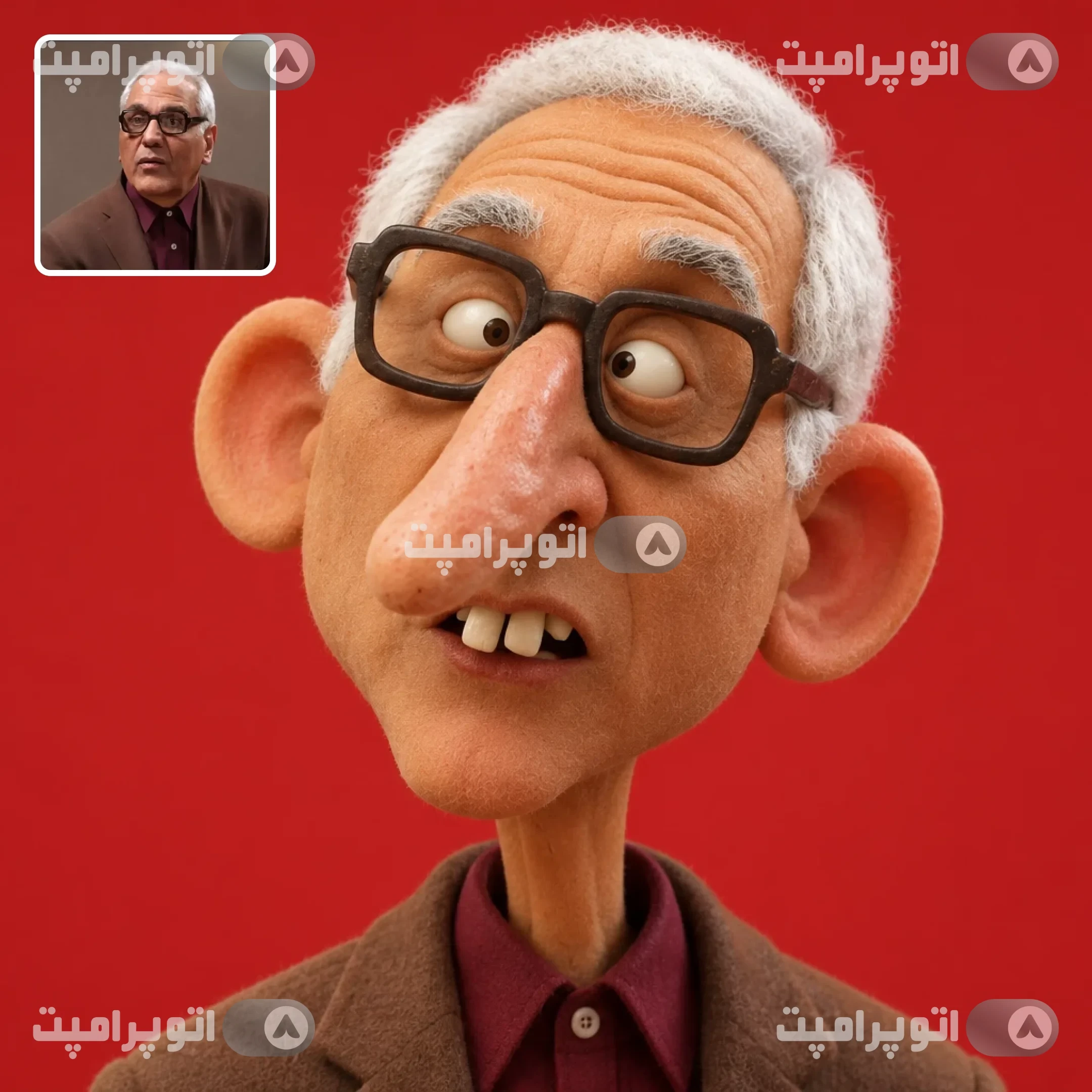 پرامپت: پرامپت کاراکتر دیزاین سه‌بعدی فانتزی و گووفی (Goofy) | سر نامتقارن، بافت مخمل و نمد، روی پس‌زمینه قرمز یکدست - فرار از تقارن‌های خسته‌کننده؛ خلق کاراکتر سه‌بعدی ...