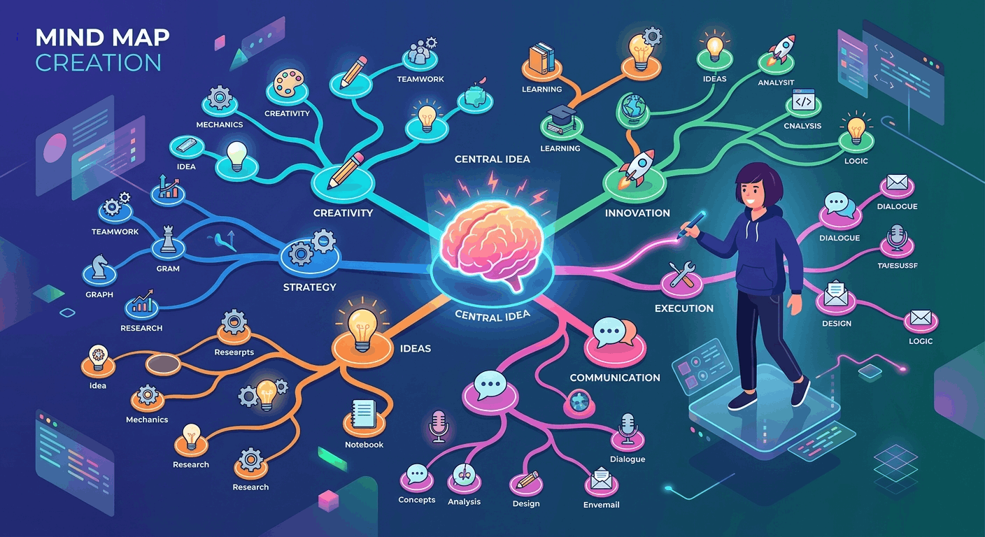 پرامپت: پرامپت هوش مصنوعی ساخت Mind Map و نمودار درختی برای خلاصی از سردرگمی - به افکار پراکنده و ایدههای شلوغ خود، یک نظم هندسی...