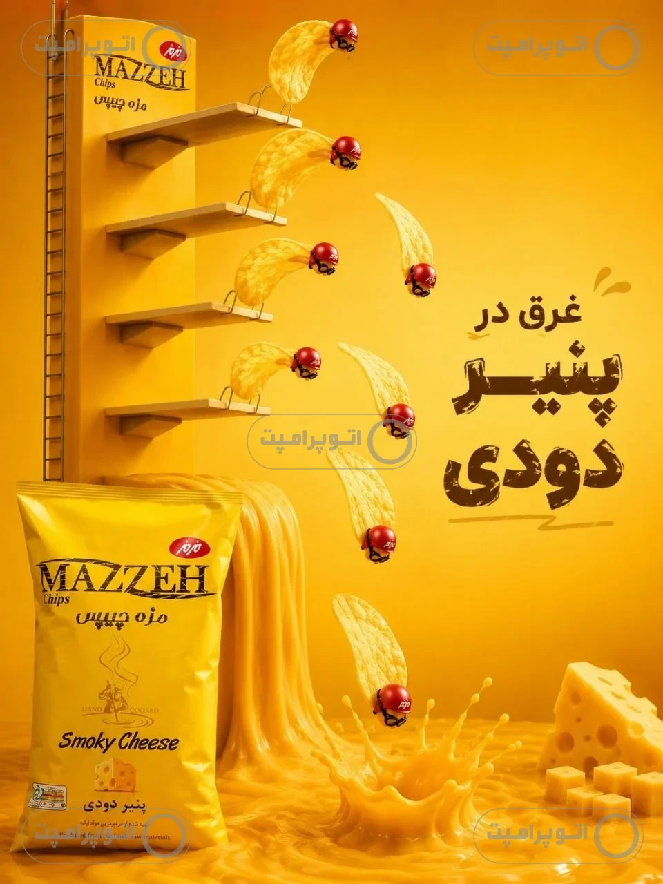 پرامپت: پرامپت پوستر تبلیغاتی چیپس و پنیر مذاب | ایده خلاقانه شیرجه چیپس‌ها در استخر پنیر - داستان‌سرایی بصری و اشتهابرانگیز در اوج خلاقیت؛ وق...